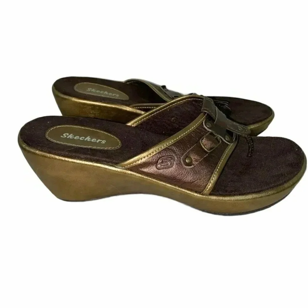 Skechers 46716 Wedge Thong Sandals 9 Bronze Leather Metallic Y2K Platform Brown